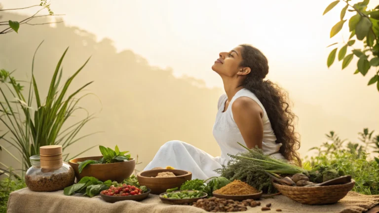 Premium wellness hero image showing healthy Ayurvedic food and herbs in a natural setting